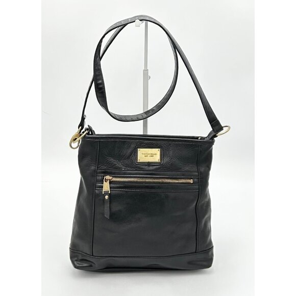 Tignanello Black Genuine Leather Crossbody Shoulder Bag – Chain Print Lining - Picture 1 of 10